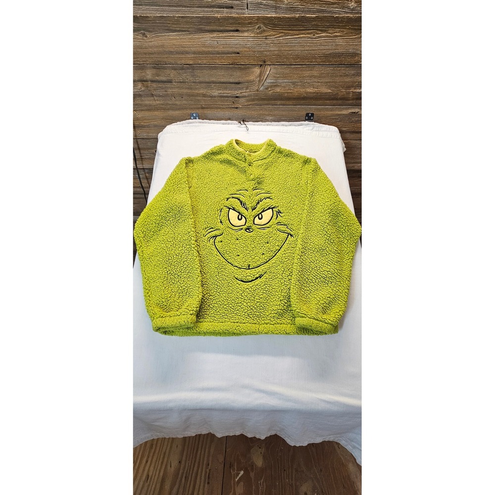 Dr. Seuss The Grinch Lime Green Sherpa Fleece Pullover Snap Neck Large